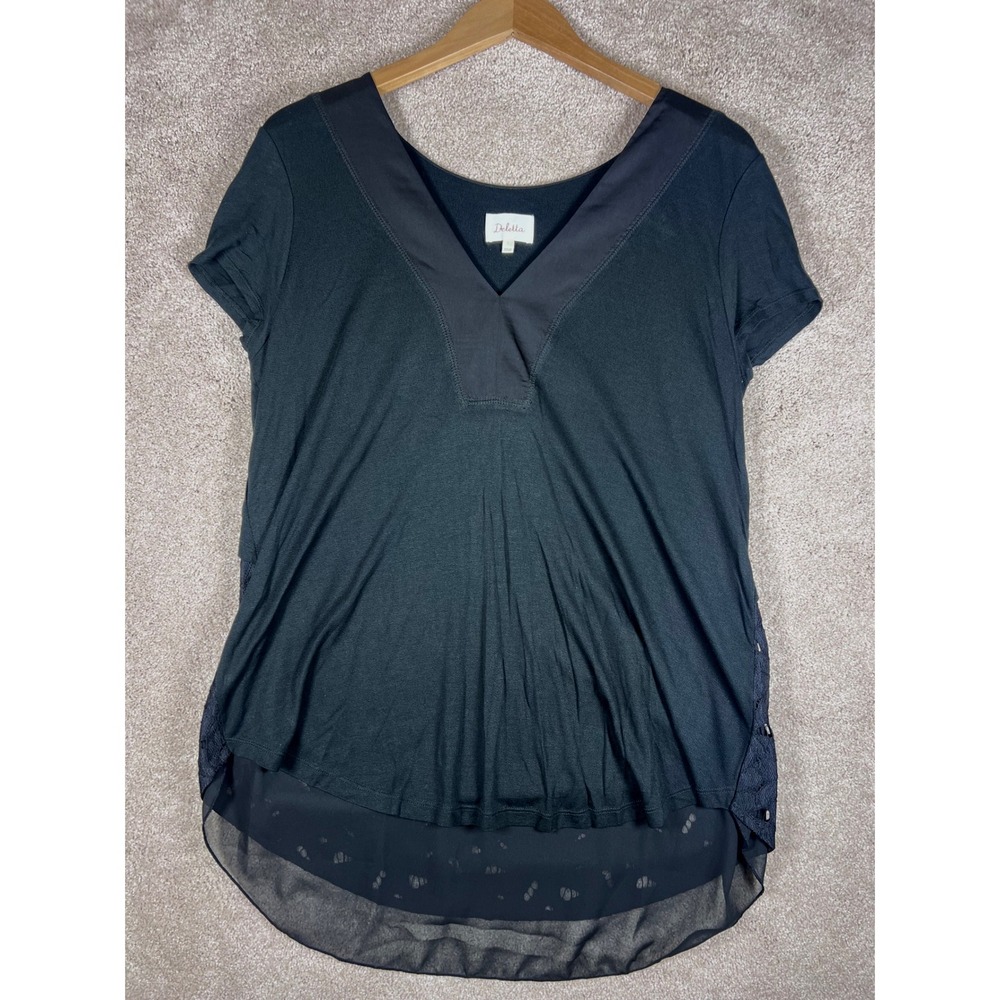 Whimsygoth‎ DELETTA L Anthropologie Black Tunic Top Lace Sheer Details Floral